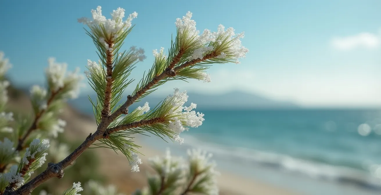 Filare di tamerici e lentisco che proteggono un giardino costiero dal vento salmastro