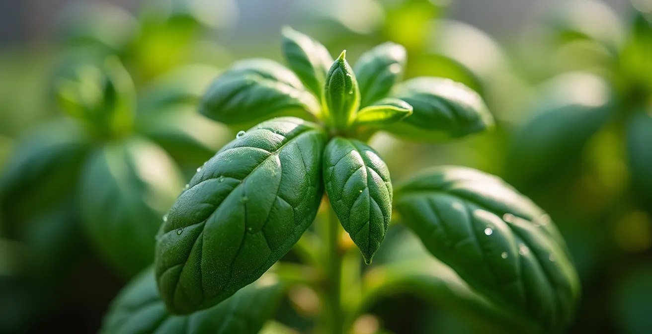 Serra di basilico genovese in Liguria con piantine giovani e dense