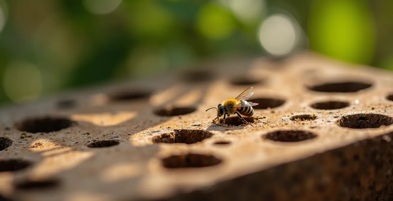 Hotel per insetti in legno naturale con fori di diverse dimensioni per osmie solitarie