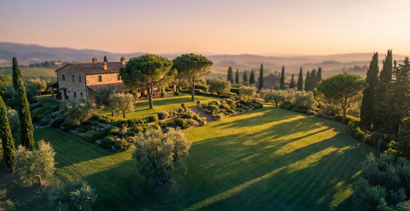 Giardino italiano con mappa solare proiettata sul terreno mostrando zone di sole e ombra