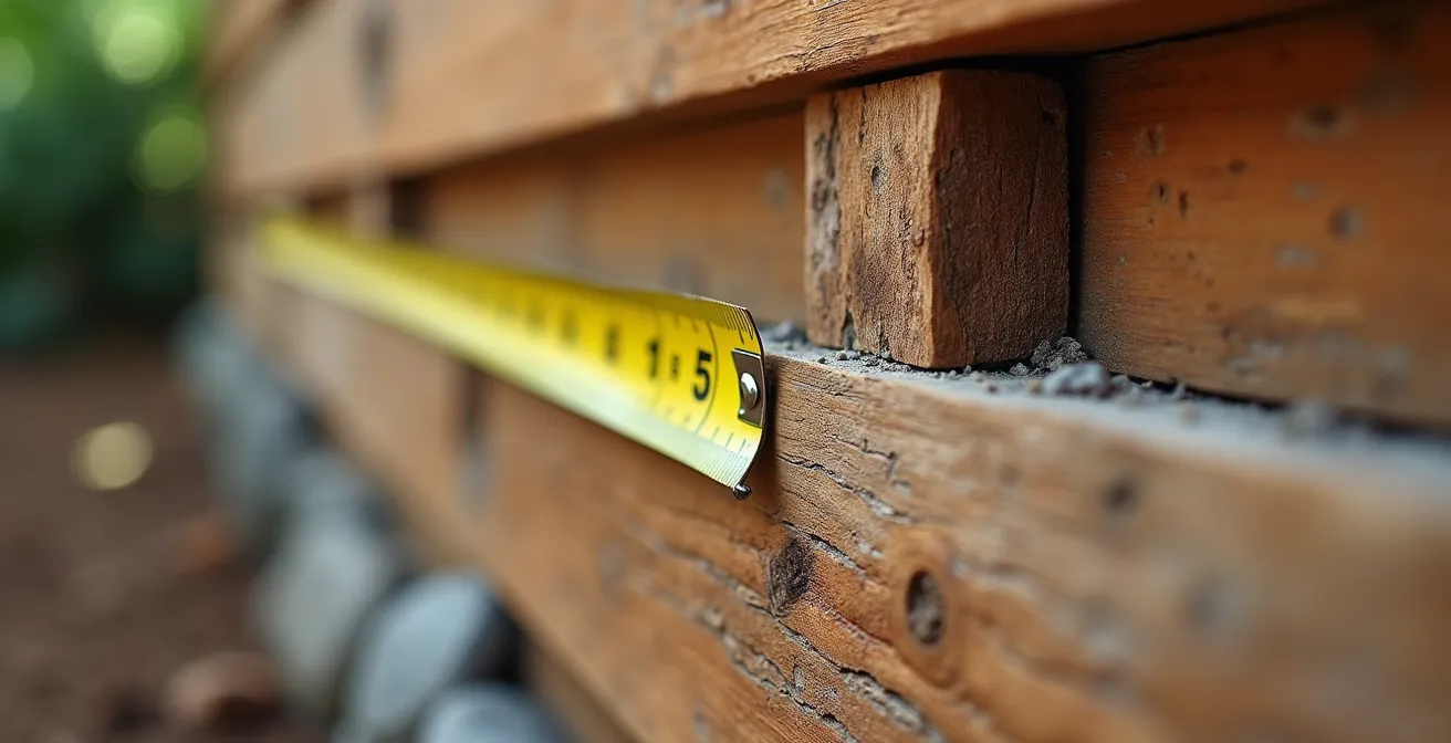 Dettaglio tecnico di un muro di contenimento in legno di castagno su pendio con strumenti di misurazione