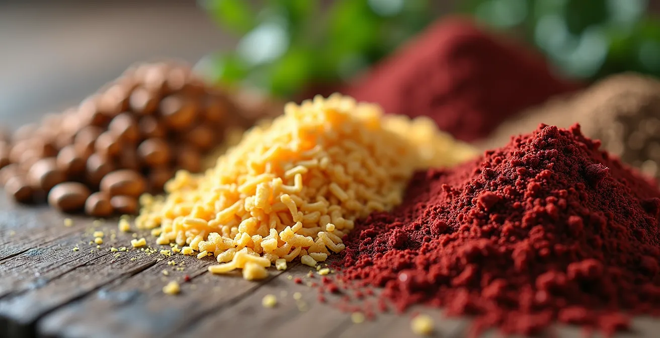 Vista macro di diversi concimi organici naturali su tavolo di legno rustico