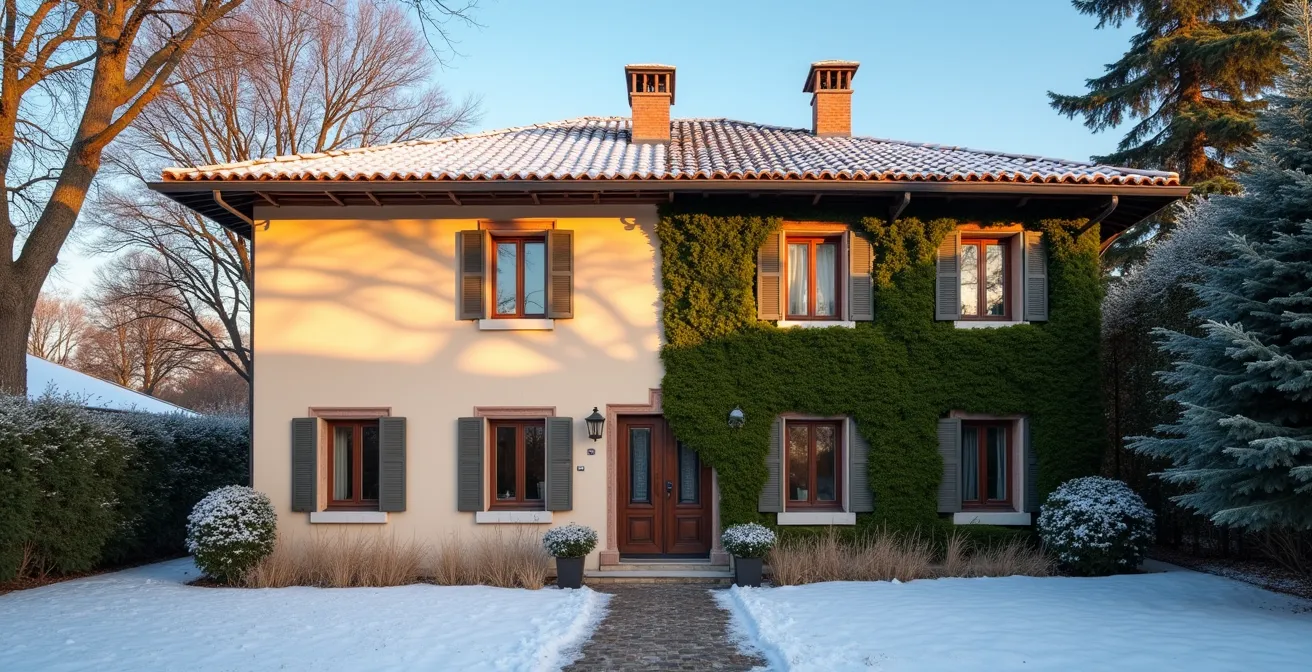 Facciata sud di casa italiana in inverno con albero spoglio che lascia passare il sole a sinistra e sempreverde che blocca il sole a destra