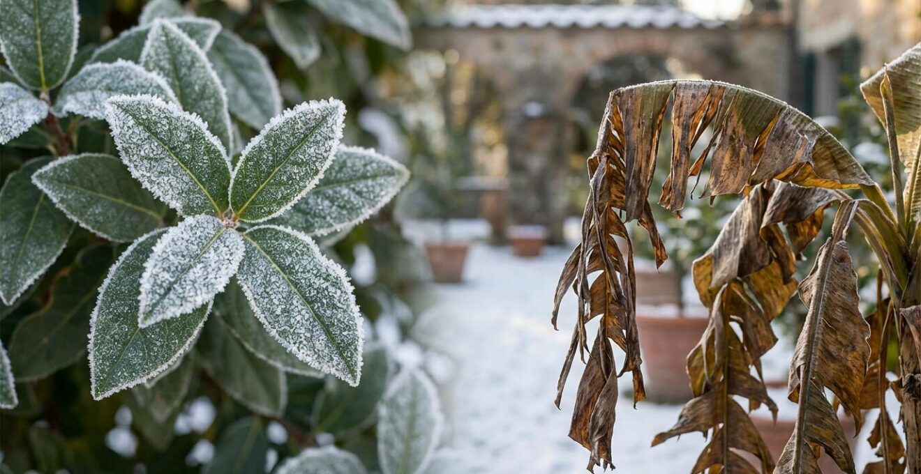Foglie di Viburnum tinus coperte di brina ma ancora verdi e sane