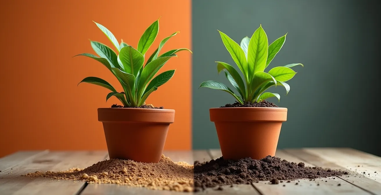 Due vasi di piante identiche che mostrano diverse tecniche di irrigazione