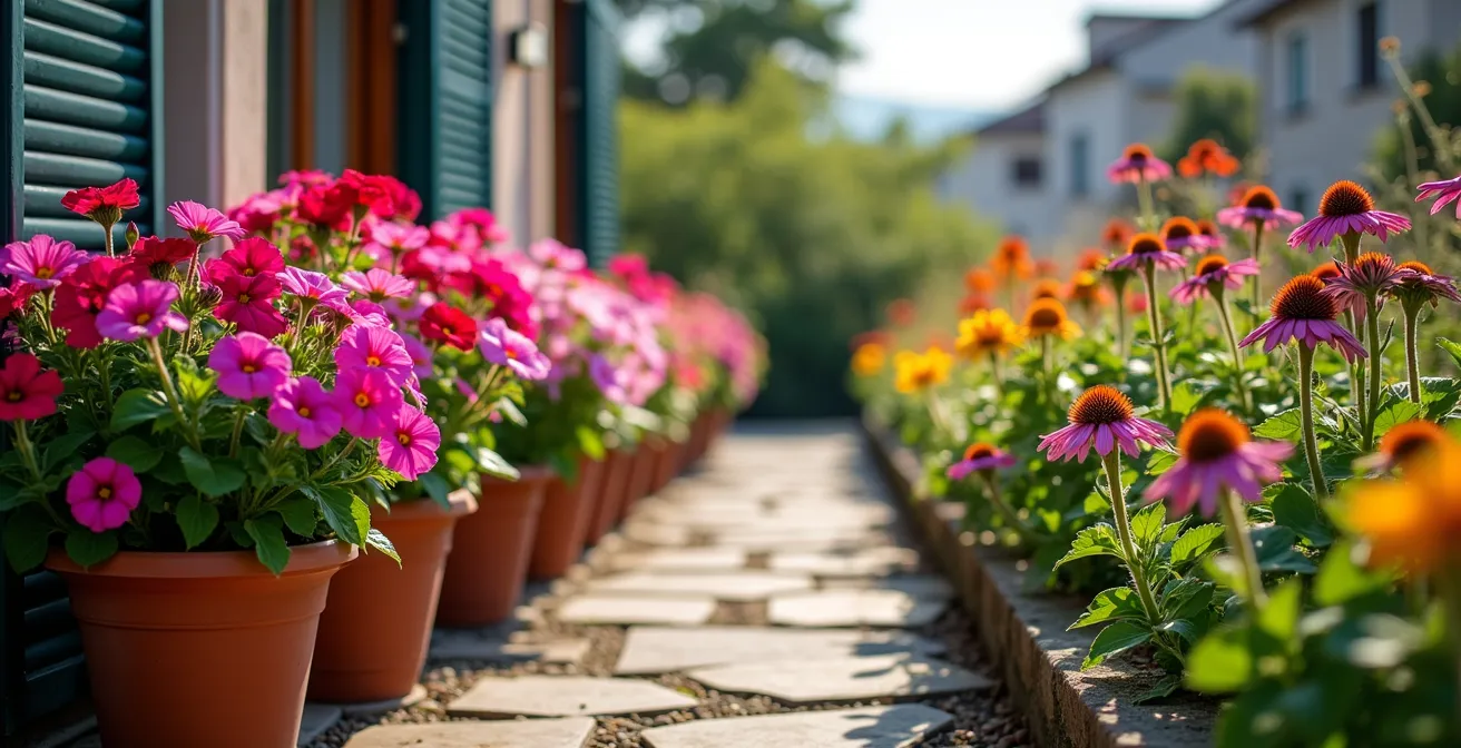 Confronto visivo tra petunie colorate e echinacea purpurea in giardino