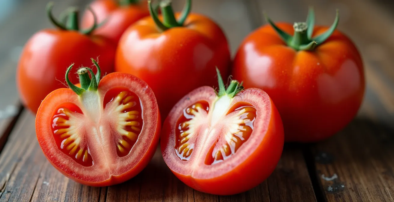 Diversi tipi di pomodori italiani disposti su tavolo rustico in legno