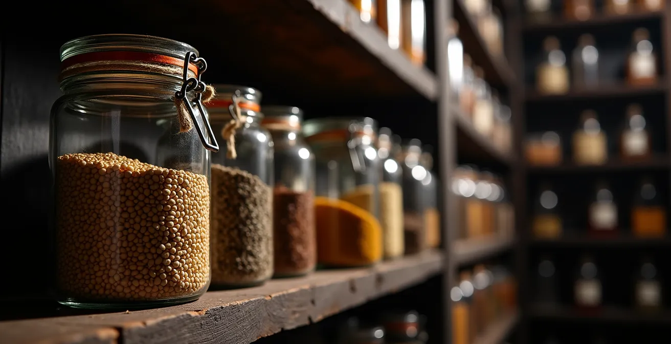 Barattoli di vetro etichettati contenenti semi conservati in dispensa buia