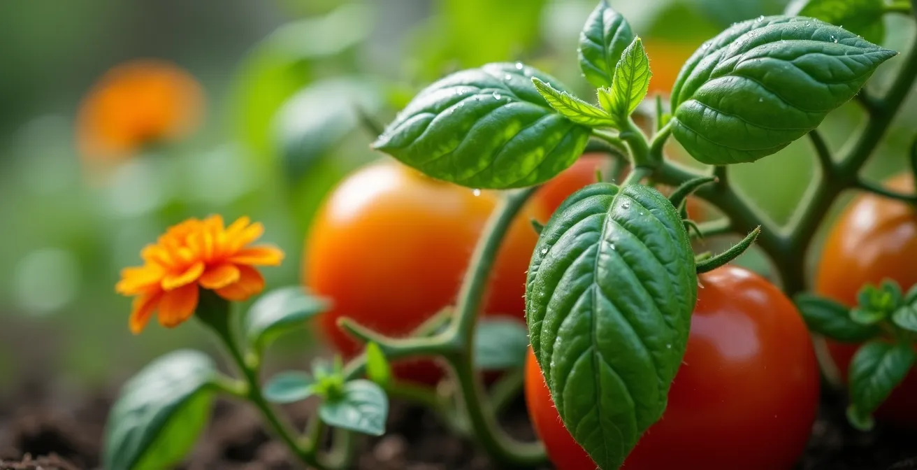 Vista ravvicinata di un'aiuola con consociazione di pomodori, basilico e calendula, mostrando la sinergia tra le piante