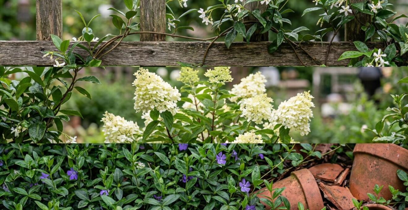Vista laterale di un giardino italiano con piante coprisuolo, arbusti medi e rampicanti che creano tre strati distinti di vegetazione