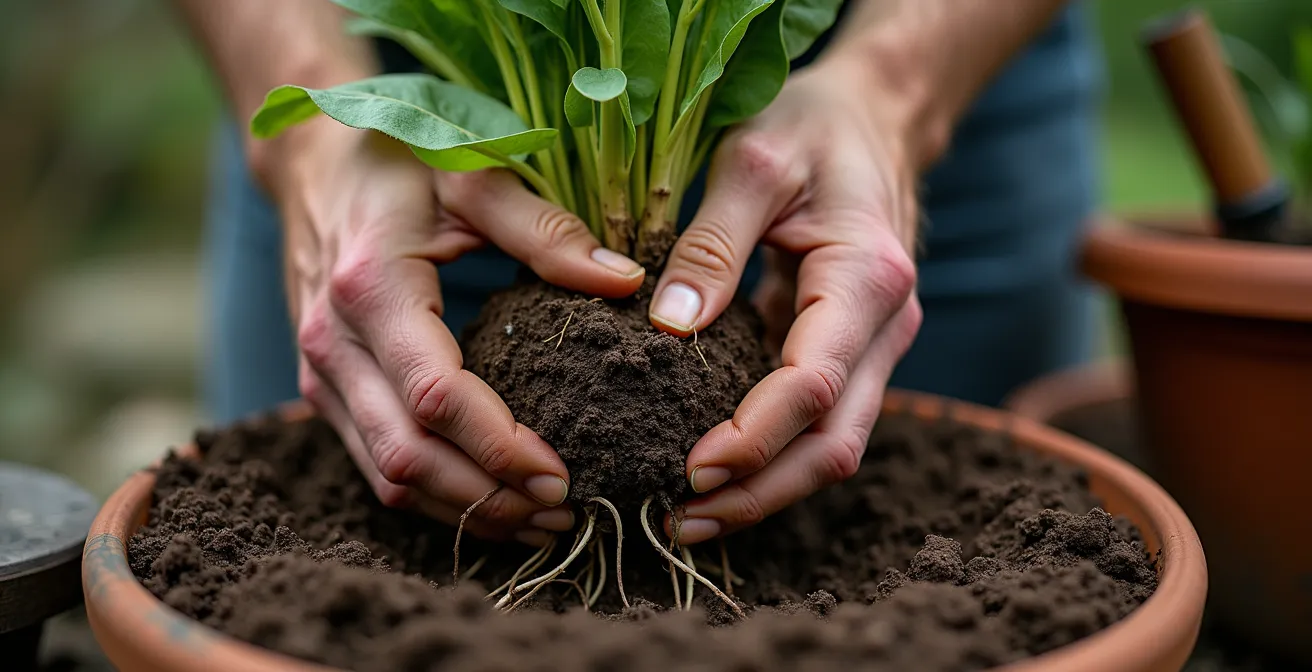 Mani che dividono le radici di una pianta perenne