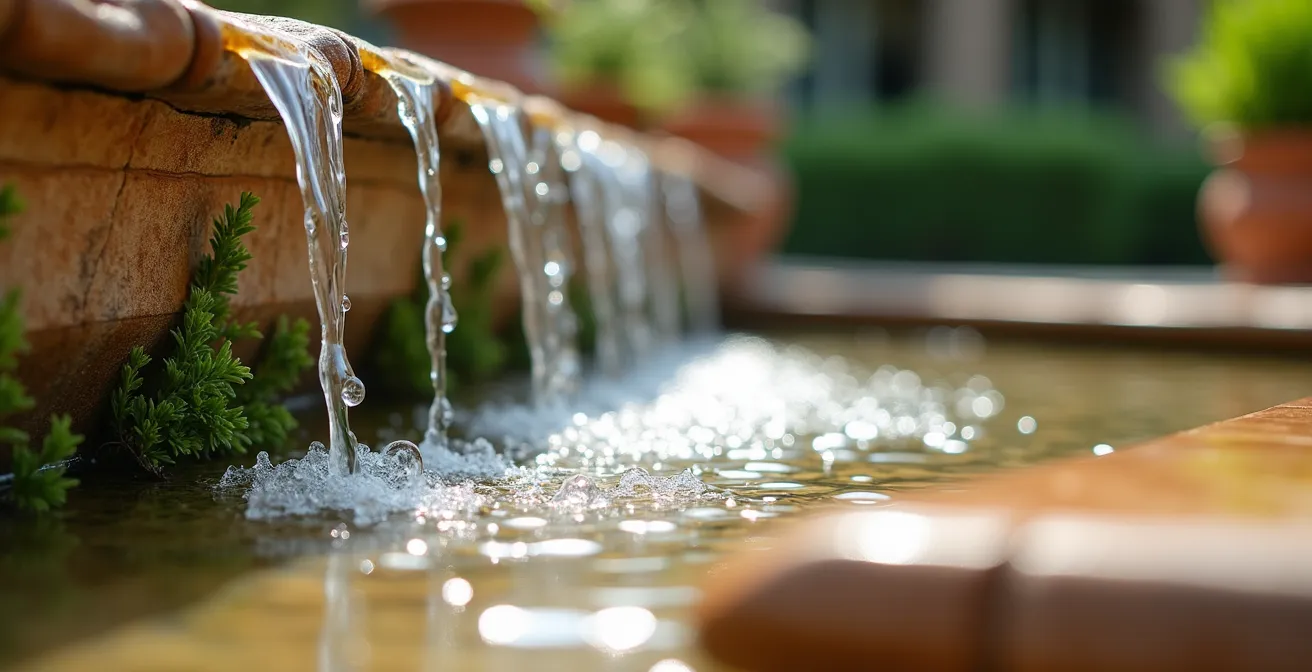 Fontana a più livelli in pietra naturale con cascata d'acqua in giardino italiano