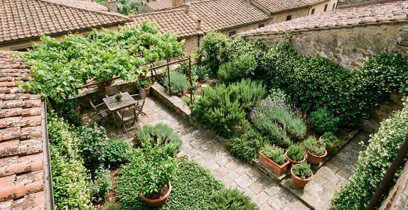 Vista aerea di un piccolo giardino italiano di 50 m² con piante disposte su tre livelli verticali e zone ben definite