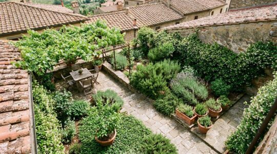 Vista aerea di un piccolo giardino italiano di 50 m² con piante disposte su tre livelli verticali e zone ben definite