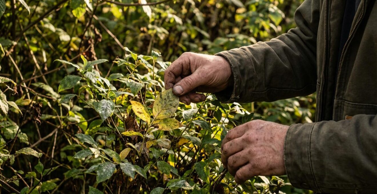 Primo piano di foglie con oidio e piante filate che mostrano chiari segni di sovraffollamento nel giardino