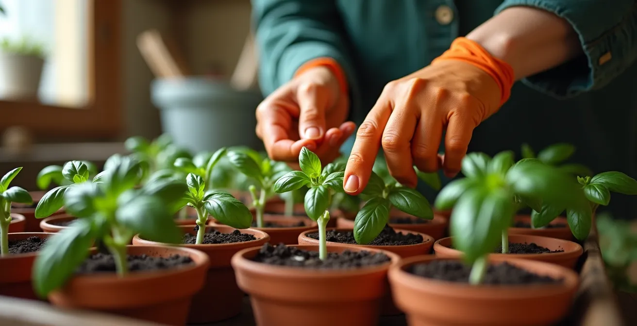 Mani che indossano guanti sottili in nitrile mentre seminano piccoli semi