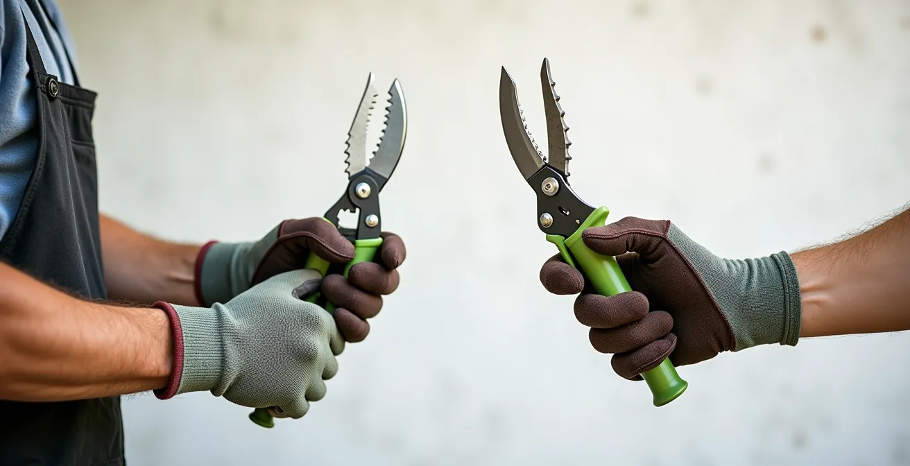 Confronto visivo tra guanto della taglia corretta e guanto troppo largo durante l'uso delle cesoie