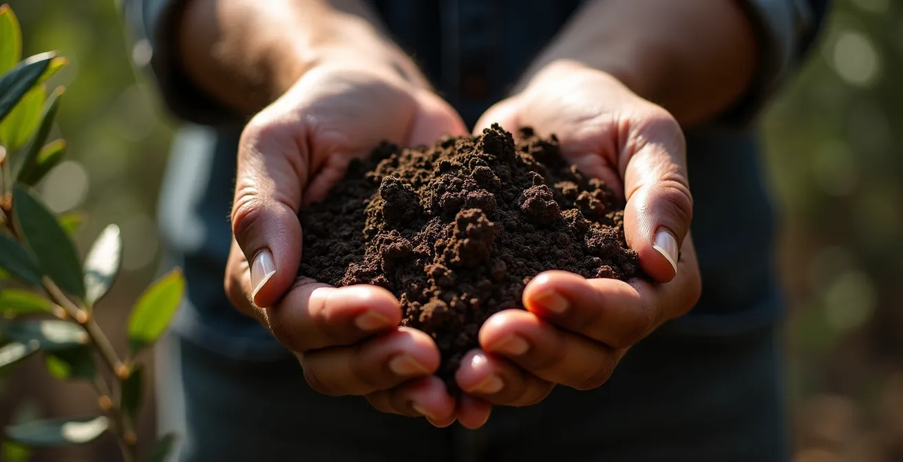 Mano che tiene terra scura e fertile con texture granulare tipica dell'humus di bosco