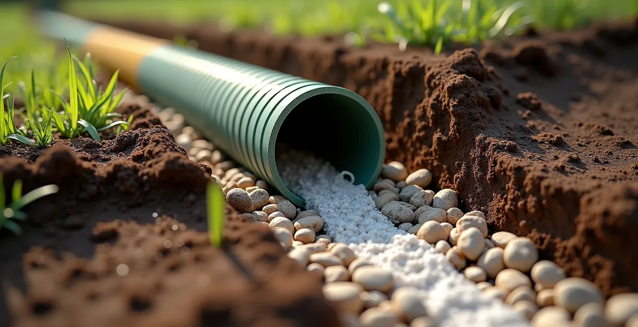 Vista dettagliata dell'installazione di un tubo corrugato per drenaggio in un giardino italiano