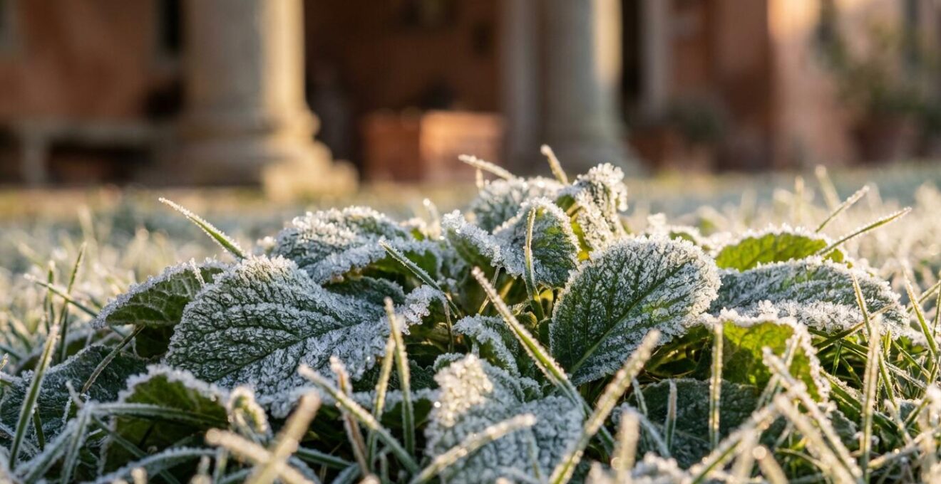 Giardino italiano all'alba con pattern di brina che evidenziano le diverse zone termiche