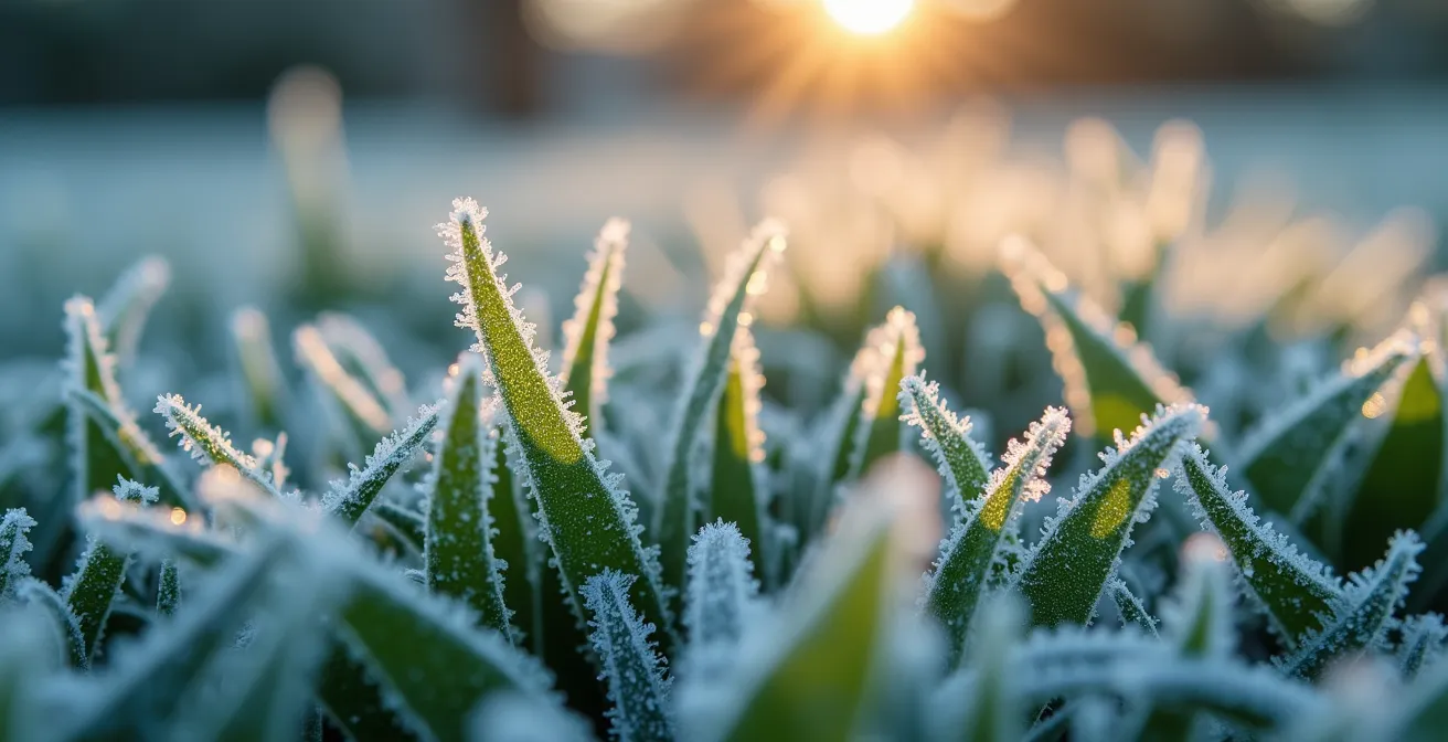 Giardino all'alba con formazioni di brina che mostrano zone fredde e calde