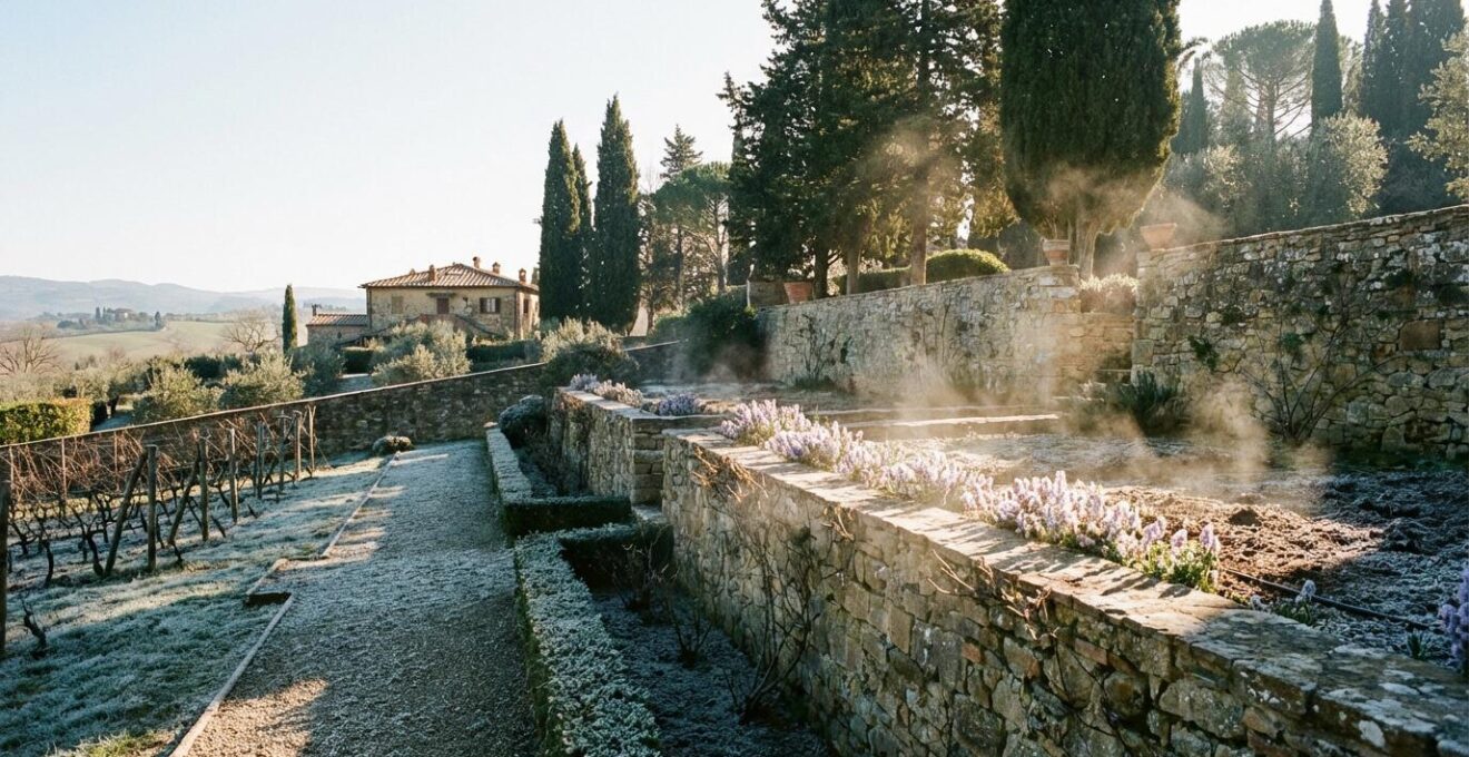 Vista panoramica di un giardino italiano con diverse zone microclimatiche visibili, mostrando aree di gelo, ombra e sole