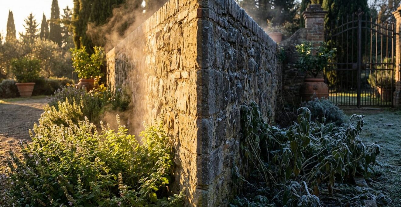 Muro in pietra esposto a sud con piante rigogliose che beneficiano del microclima caldo