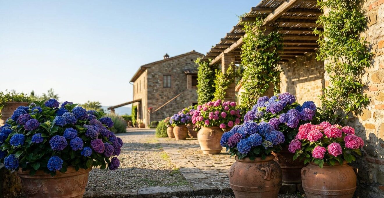Ortensie multicolore in giardino italiano con strumenti per misurare il pH del terreno