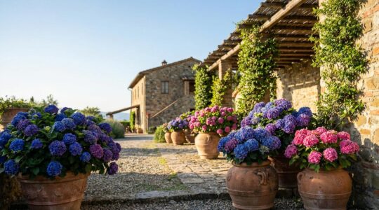 Ortensie multicolore in giardino italiano con strumenti per misurare il pH del terreno