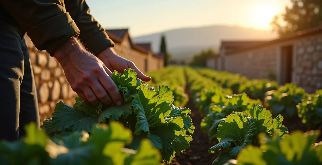 Orto produttivo siciliano in dicembre con muretti a secco e verdure invernali rigogliose