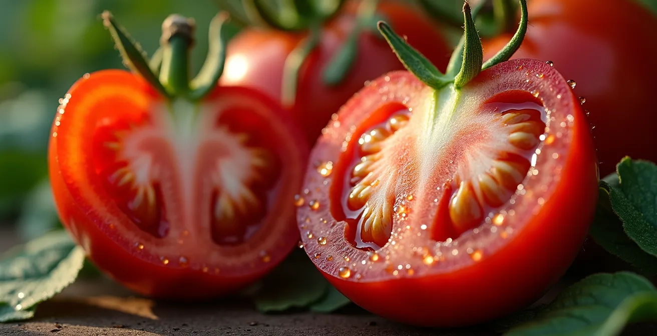 Sezione di pomodoro rosso intenso con gocce d'acqua su superficie