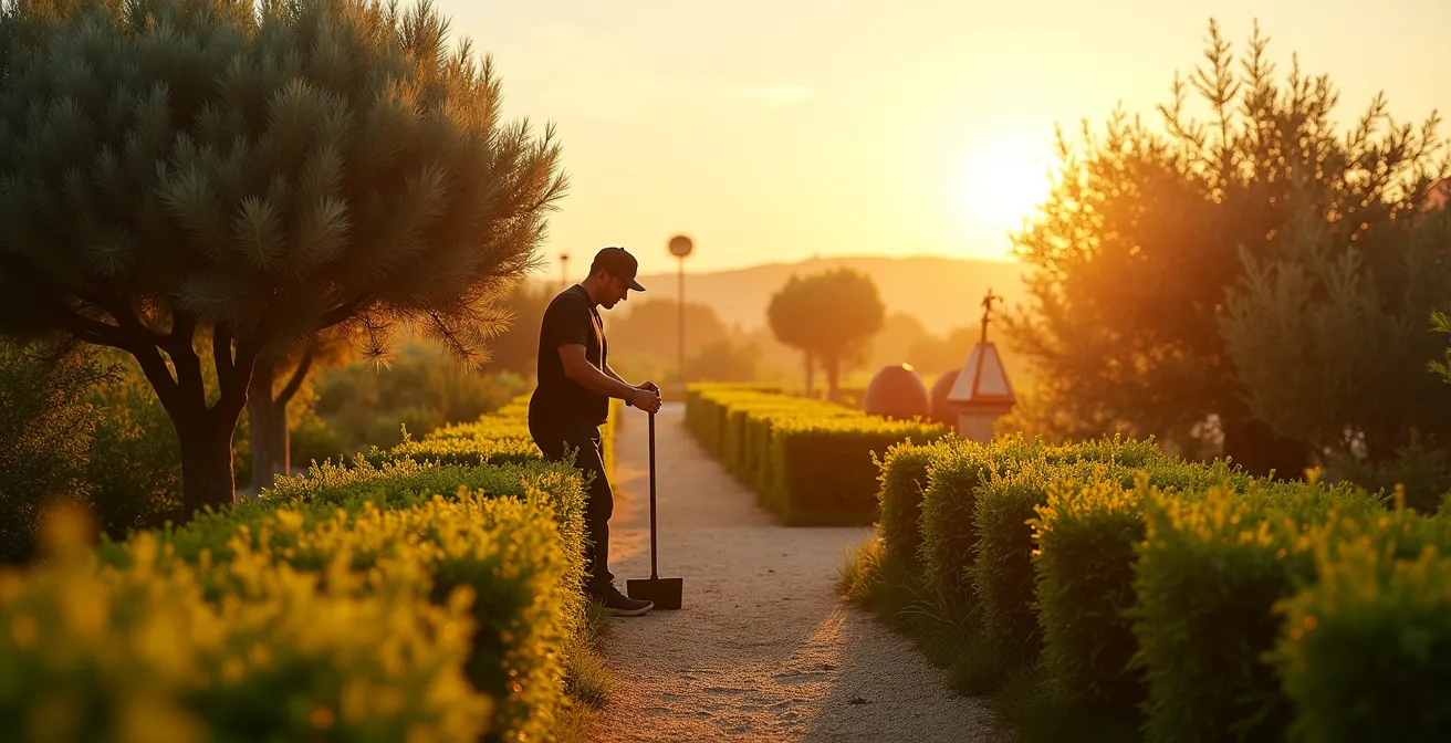 Tecnica di potatura precisa su arbusti mediterranei con cesoie professionali
