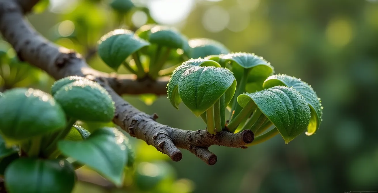 Dettaglio ravvicinato di un lentisco potato a forma scultorea con texture della corteccia e foglie lucide in primo piano