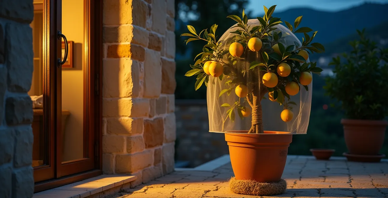 Un albero di limone in un grande vaso di terracotta protetto dal gelo invernale su un terrazzo in Italia.