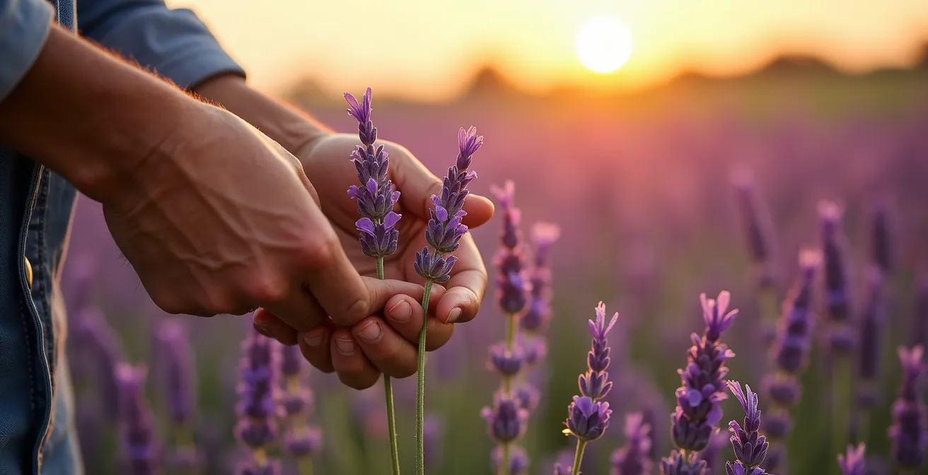 Mani che raccolgono spighe di lavanda nelle prime ore del mattino con gocce di rugiada