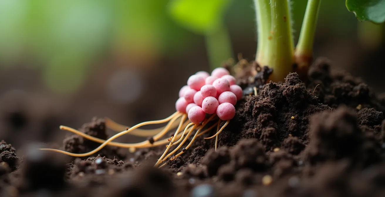 Dettaglio macro delle radici di una pianta di fagiolo con noduli di batteri Rhizobium visibili