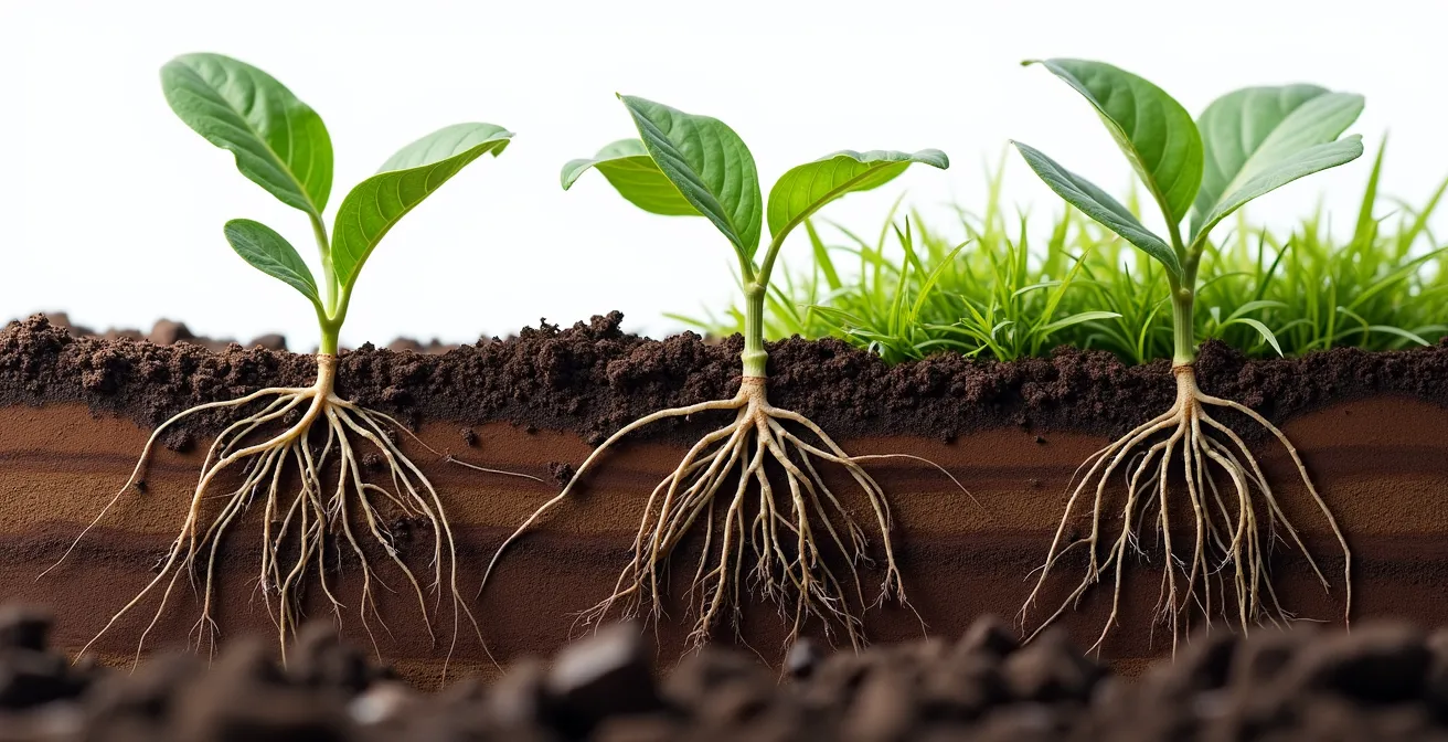 Sezione trasversale di terreno argilloso compatto che mostra radici in sofferenza