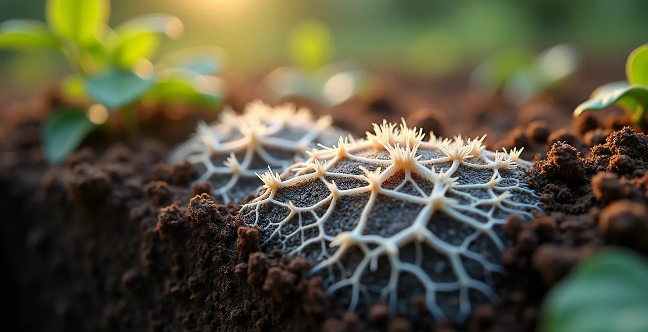 Sezione trasversale del terreno che mostra la rete fungina micorrizica intrecciata con le radici delle piante