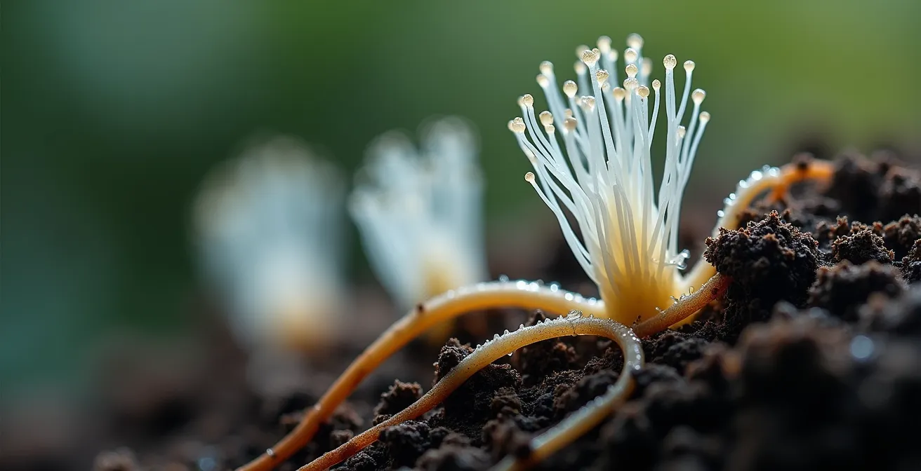 Vista macro delle ife fungine micorriziche che si estendono dalle radici nel terreno