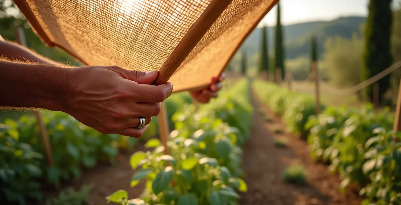 Giardino italiano con reti ombreggianti durante l'estate torrida