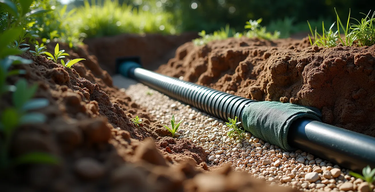 Sezione trasversale di trincea con tubo corrugato posato su letto di ghiaia e tessuto non tessuto