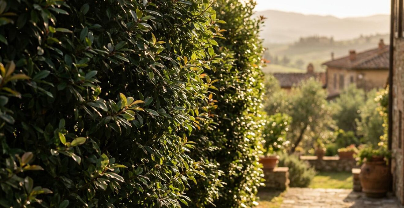 Siepe sempreverde lussureggiante che scherma un giardino italiano dalla vista esterna