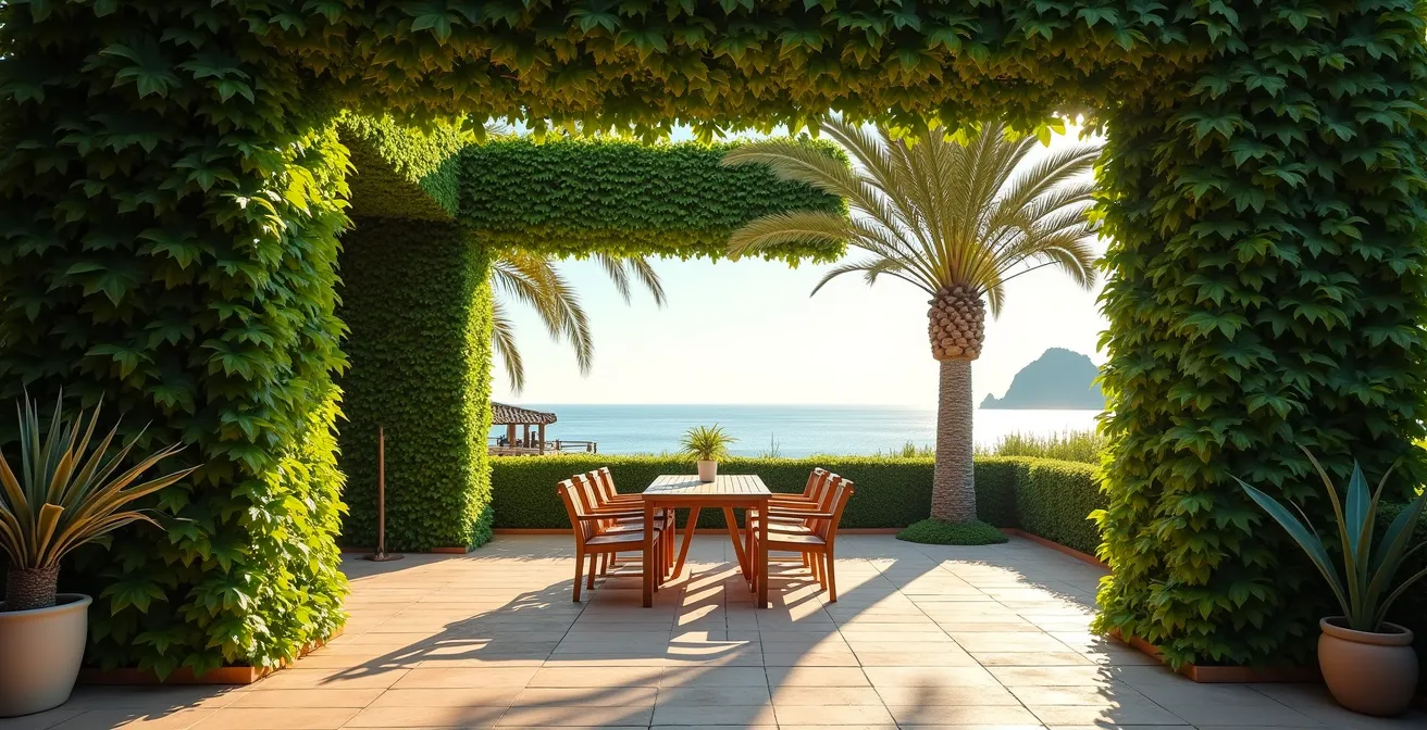 Siepe di ligustro disposta ad imbuto per catturare la brezza marina verso un patio mediterraneo