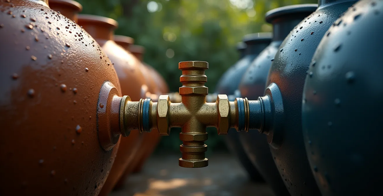 Sistema di cisterne multiple collegate per raccolta acqua piovana in giardino