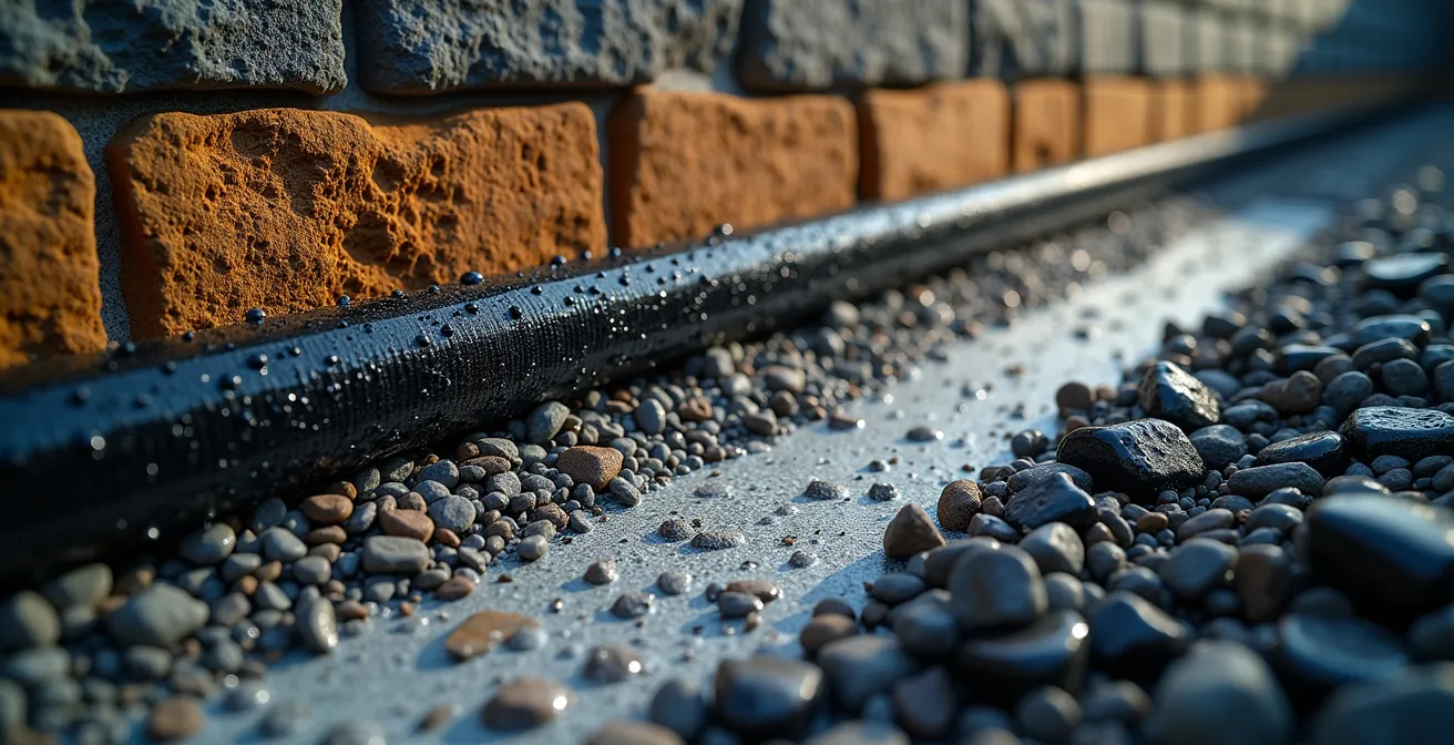 Sezione tecnica di un sistema di drenaggio dietro muro di contenimento con ghiaia e tubo corrugato