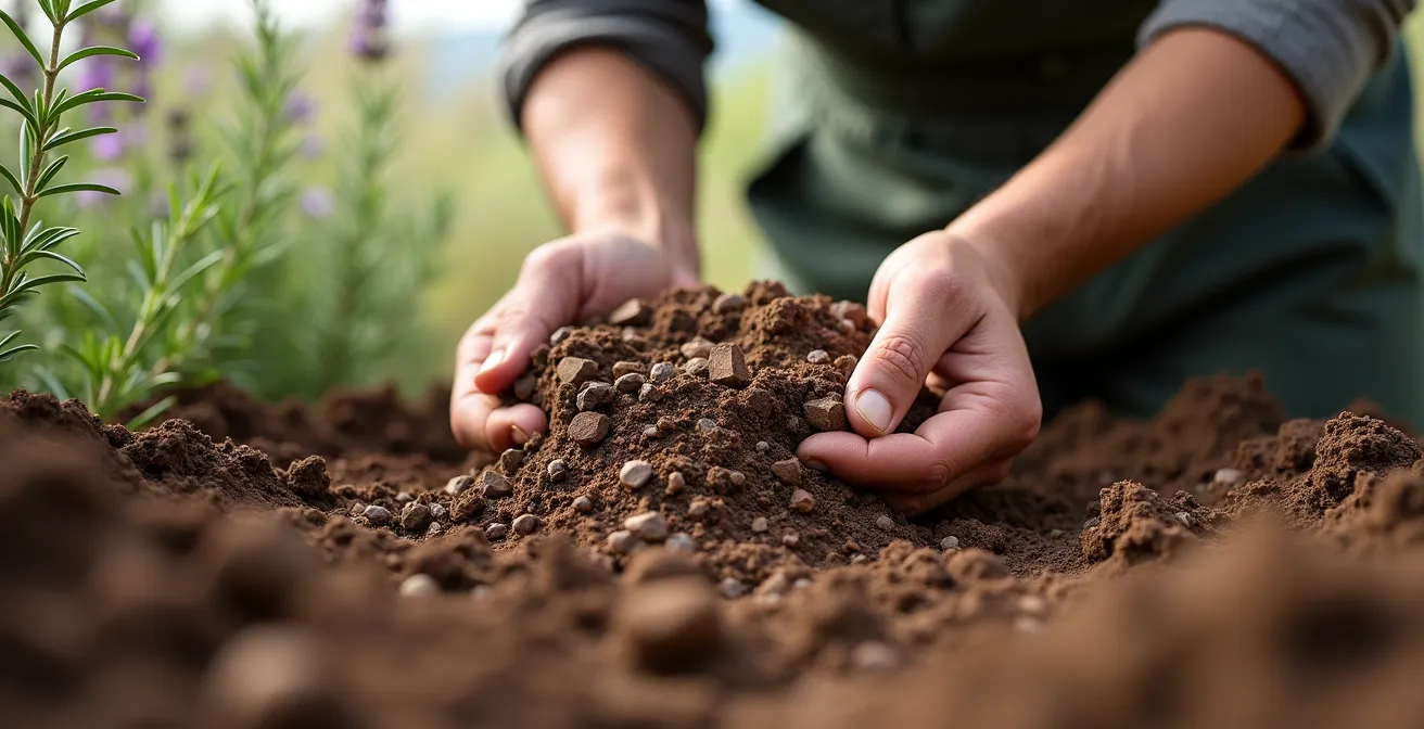 Sezione trasversale di terreno con strati di drenaggio visibili, radici profonde e materiali drenanti italiani
