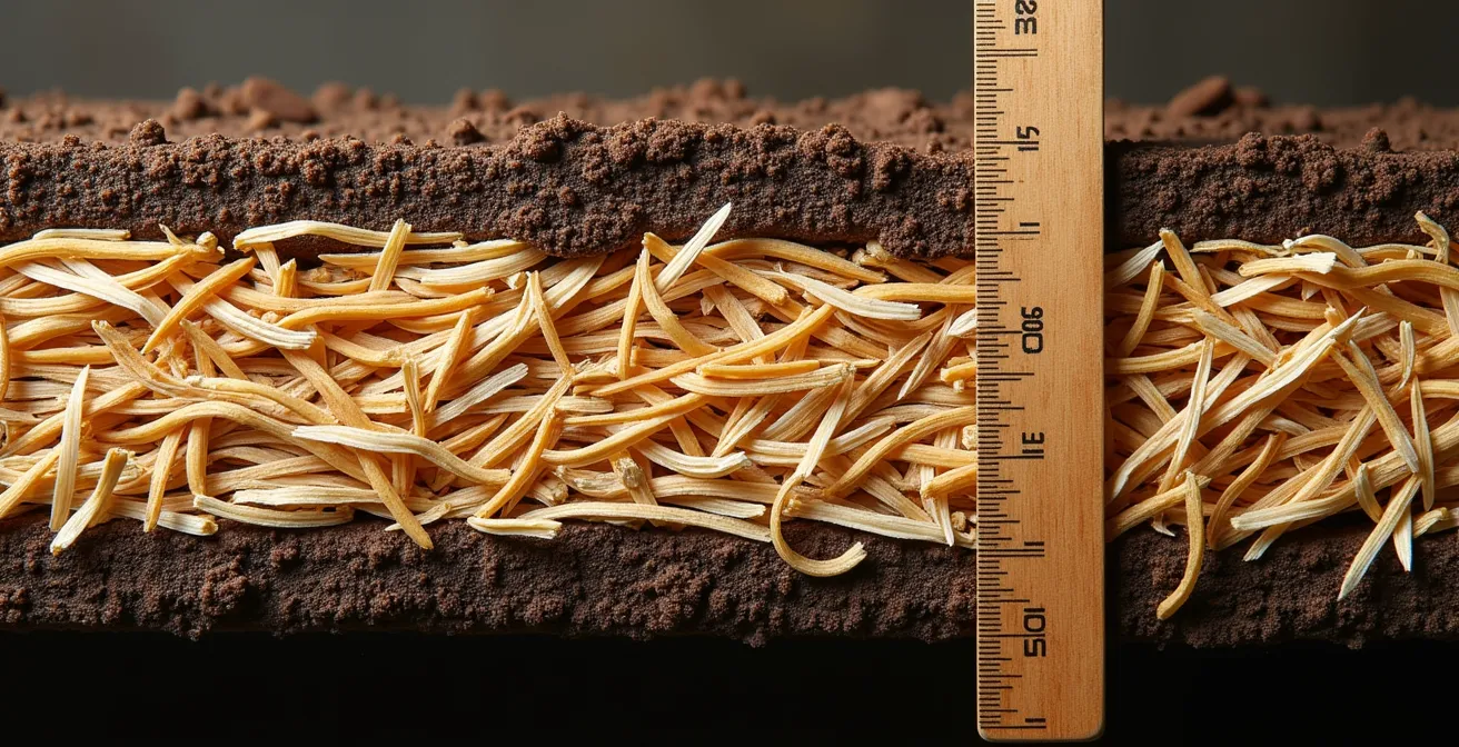 Sezione trasversale di terreno con diversi spessori di pacciamatura in paglia per mostrare come blocca la luce