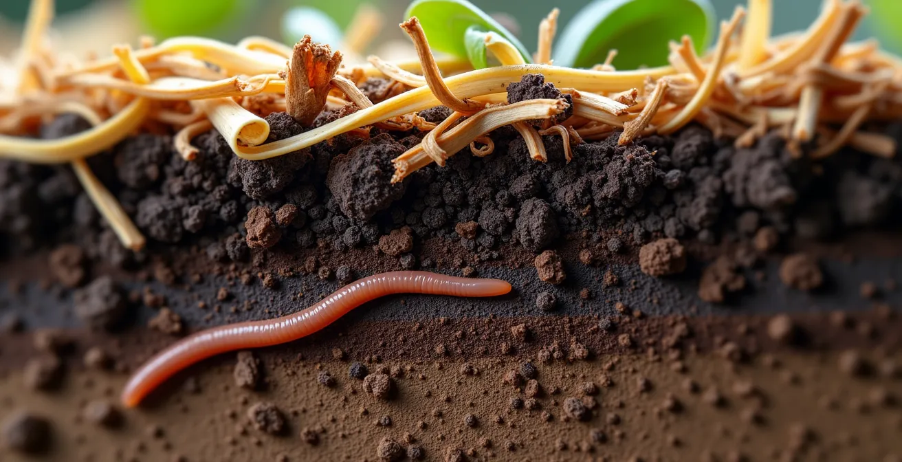 Dettaglio macro degli strati di pacciamatura organica nel terreno