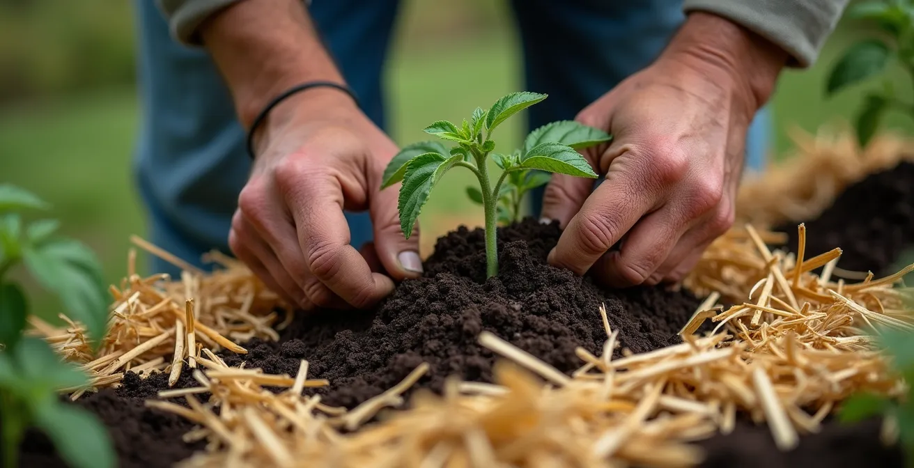 Mani esperte che sistemano un doppio strato di pacciamatura, compost e paglia, attorno a una giovane pianta di pomodoro.