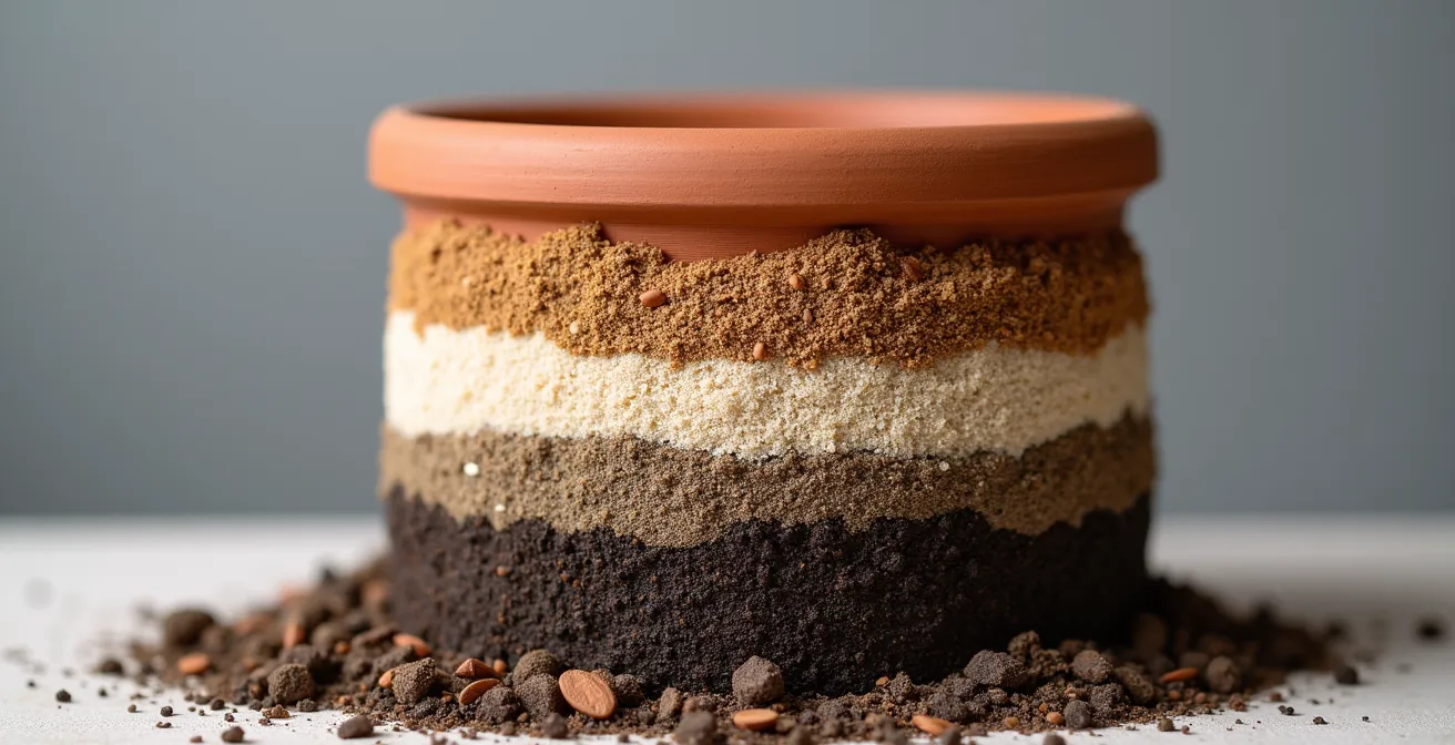 Sezione di vaso con strati di terriccio drenante per agrumi